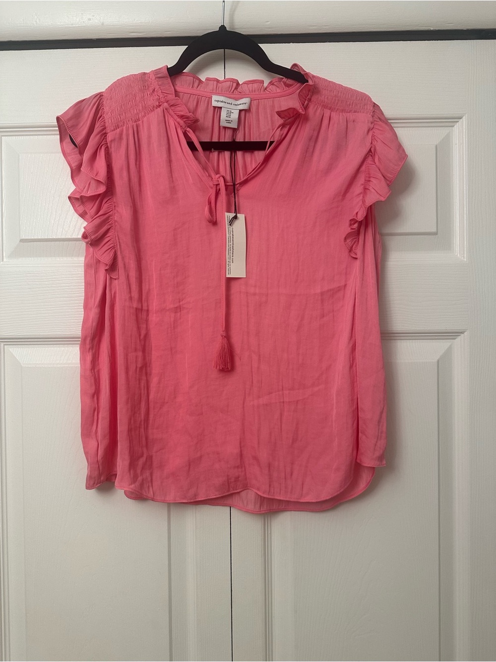 Pink Ruffle Sleeve Tie-Neck Blouse Size Medium Flowy
